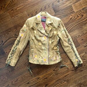 Vintage 90s Monte Catini Embroidered Suede Moto Jacket – Size S
